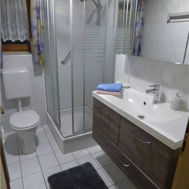 A modern bathroom with a shower cabin and a sink. There is a toilet and bright tiles for a clean appearance.