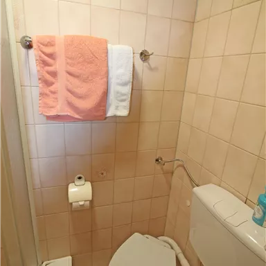 A small bathroom with a shower, toilet, and towels. The walls are brightly tiled and there is a small trash can.