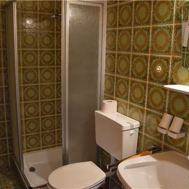 A small bathroom with a shower, a toilet, and a sink. The walls are decorated with colorful tiles.