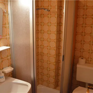 A small bathroom with a shower, sink, and toilet. The walls are decorated with a retro-patterned wallpaper.