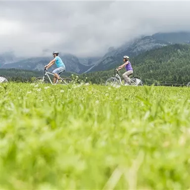 A group of cyclists rides through a green landscape. In the background, mountains and a cloudy sky can be seen.