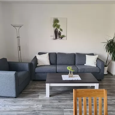 Ein gemütliches Wohnzimmer mit einer grauen Couch und einem Sessel. Auf dem Tisch steht eine kleine Blumenvase, und im Hintergrund ist ein grüner Pflanzenbaum zu sehen.