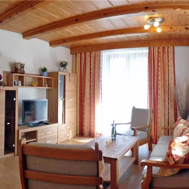 Ein gemütliches Wohnzimmer mit Holzverkleidung und großen Fenstern. Es gibt eine Couch, einen Fernseher und einen Holztisch.