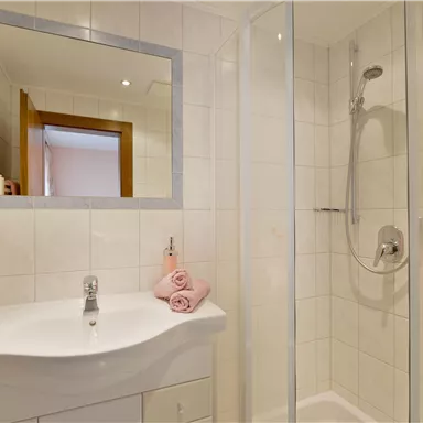 Ein modernes Badezimmer mit einer Dusche und einem Waschbecken. Auf dem Waschbecken liegen rosa Handtücher.
