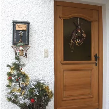 Eine geschmückte Eingangstür aus Holz mit einem Kranz. Neben der Tür steht ein kleiner Weihnachtsbaum in einem Topf.