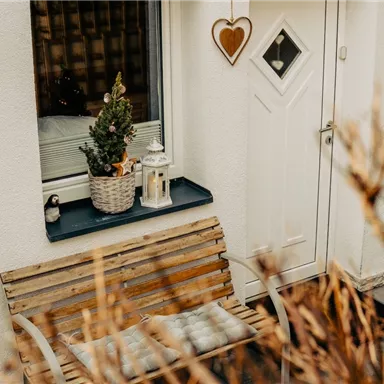 A cozy bench stands in front of a door with a decorative plant and a lantern beside it. In the background, dried plants are visible with a split view.