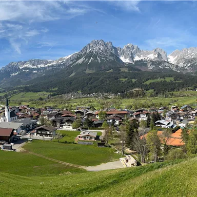 Eine malerische Landschaft mit einem kleinen Dorf und majestätischen Bergen im Hintergrund. Der Himmel ist klar und blau, und das Grün der Wiesen verleiht der Szene eine frische Note.