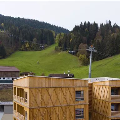 A modern wooden building in the mountains with green meadows and trees in the background. A cable car is also visible, leading up to the mountain.