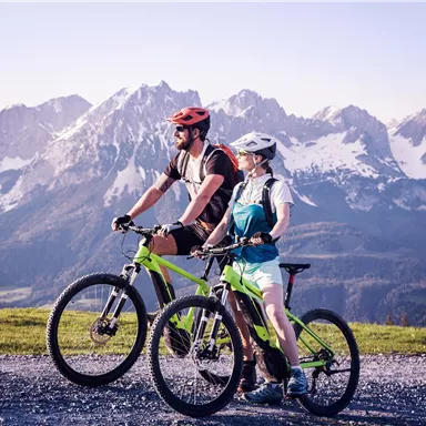 A few cyclists are enjoying the view of an impressive mountain landscape. The surroundings are green and the mountains are covered with snow.