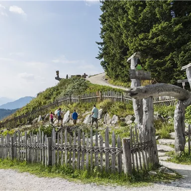 A group of people is exploring a historical site on a mountain. In the background, green forests and mountains can be seen.