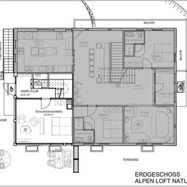 A technical drawing of the ground floor of an alpine loft. The floor plan shows various rooms such as the living room, kitchen, and terraces.