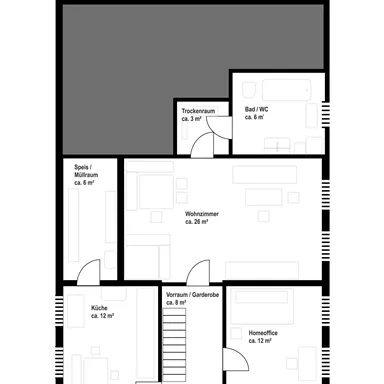 A floor plan sketch of a ground floor with various rooms. The rooms are kitchen, living room, bathroom, and a staircase area.