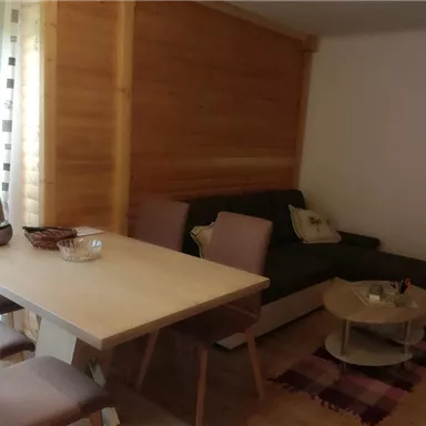 Ein gemütlicher Wohnbereich mit einem grauen Sofa und einem Esstisch. Die Wände sind aus Holz und das Licht fällt durch die Fenster.