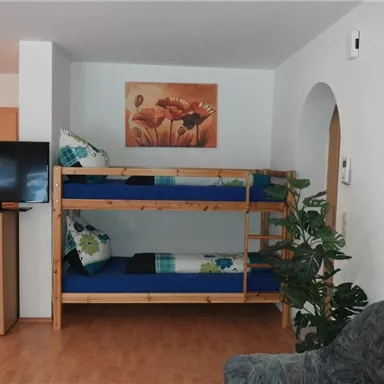 A simple room with a bunk bed and a cozy seating area. A work of art with floral motifs hangs on the wall.