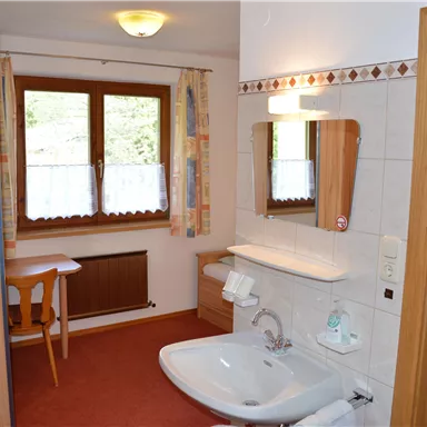 A simple bathroom with a sink, a mirror, and a shower corner. In the background, there is a small table with chairs and a window next to the entrance.