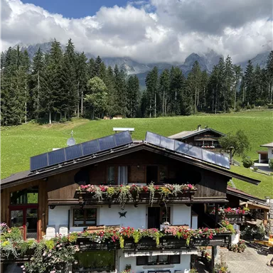 A beautiful wooden house adorned with flowers and solar panels. In the background, green meadows and forested mountains can be seen.