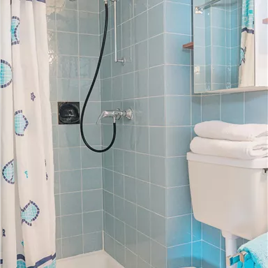 A modern bathroom with blue tiles and a shower cubicle. Fresh towels are ready next to the toilet.