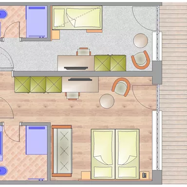 A clear room layout with two bedrooms, a living room, and two bathrooms. Furnished areas ensure comfort and coziness.