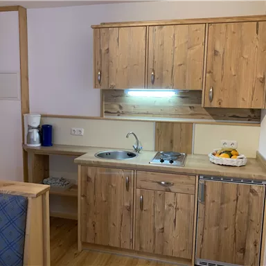 A modern kitchen corner with wooden cabinets and all necessary appliances. The kitchen is designed to be bright and welcoming.