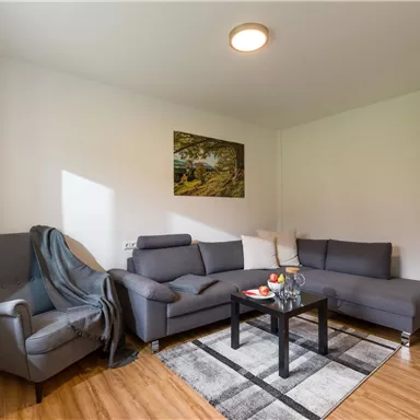 Ein gemütliches Wohnzimmer mit einem grauen Sofa und einem Tisch. An der Wand hängen ein Bild und ein Fernseher, das Licht ist hell und freundlich.