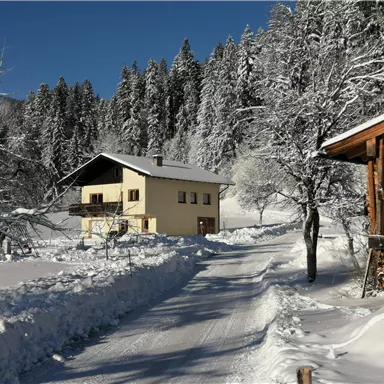 Eine winterliche Landschaft mit schneebedecktem Boden und Bäumen. Im Vordergrund steht ein Haus und ein Holzlager.