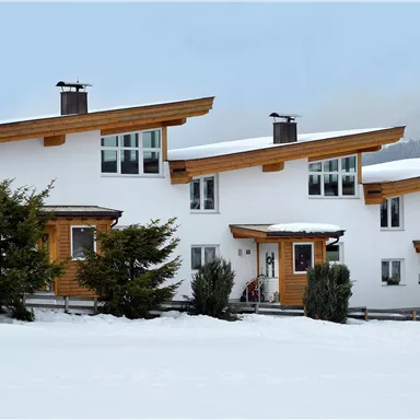Three modern houses in the snow, surrounded by low trees. The sky is cloudy and the mountain landscape is slightly visible.