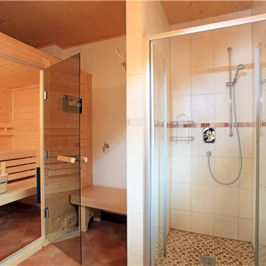 Ein modernes Badezimmer mit einer Sauna auf der linken Seite und einer Duschkabine auf der rechten Seite. Die Wände sind aus Holz und Fliesen, und es gibt viel natürliches Licht.