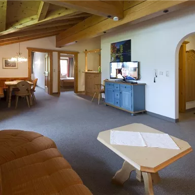 Eine gemütliche Wohnstube mit Holzdecke und charmanten Möbeln. Im Hintergrund sind ein Fernseher und ein Esstisch zu sehen.
