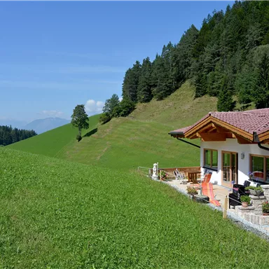 A beautiful house in nature, surrounded by lush greenery and gentle hills. In the background, forests and a clear blue sky are visible.