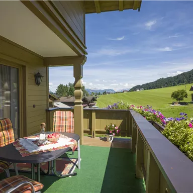 Ein sonniger Balkon mit einem Tisch und Stühlen, umgeben von bunten Blumen. Der Blick reicht über grüne Wiesen und sanfte Hügel in die Ferne.