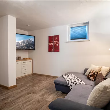 Ein gemütlicher Aufenthaltsraum mit einem dunkelblauen Sofa und einem Fernseher an der Wand. Der Raum hat Holzfußboden und ist hell beleuchtet.