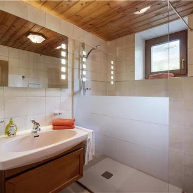 A modern bathroom with a shower and a vessel sink. Wooden cladding on the ceiling and large tiles create a cozy atmosphere.