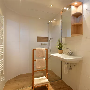 A modern bathroom with a shower and a small sink. Wood details and plants create a pleasant atmosphere.