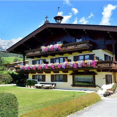 A charming alpine house with colorful flowers on the balcony. In the background, green meadows and high mountains can be seen.