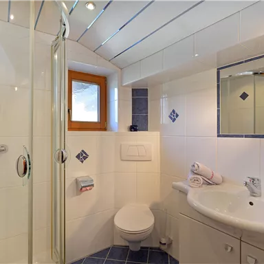 A modern bathroom with a shower and large mirrored cabinets. Bright tiles and a window create a friendly atmosphere.