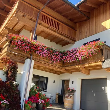 A beautiful house with a wooden balcony adorned with colorful flowers. The entrance area is also decorated with flowers, and there is a garage.
