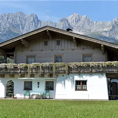 A traditional Alpine house with a balcony and a beautiful garden. In the background, the majestic mountains are visible.