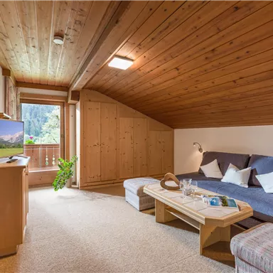 A cozy living space with a wooden-paneled roof and a view of the mountains. The furnishings consist of a gray sofa, a wooden table, and a television.