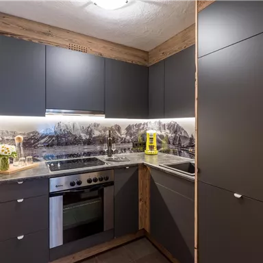 A modern kitchen with dark cabinets and a stylish countertop. In the background, decorative mountain landscapes are visible.