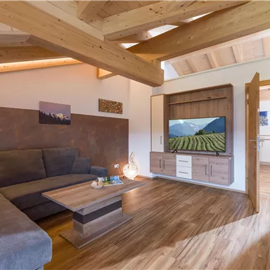 Ein modernes Wohnzimmer mit einer gemütlichen Couch und einem Fernseher an der Wand. Der Raum hat Holzdecke und -boden sowie eine harmonische Farbgestaltung.