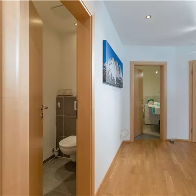 A bright hallway with wooden flooring and several doors. On the wall hangs a picture featuring a mountain motif.
