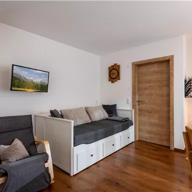 Ein gemütlicher Wohnraum mit einem Schlafsofa, einem Fernseher und Holzfußboden. Die Wände sind hell und einladend, und es gibt einen Zugang zu einem anderen Raum.
