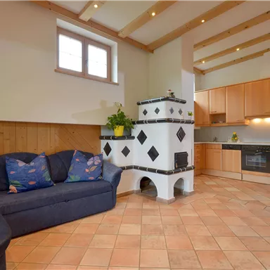 A cozy living space with a blue couch and a modern kitchen. The rustic oven and wooden ceilings give the room an inviting atmosphere.