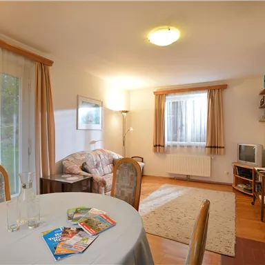 A cozy living room with a dining table and chairs. In the background, there is a sofa and a television.