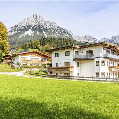 Eine malerische Landschaft mit modernen Häusern und saftigem Grün. Im Hintergrund erheben sich majestätische Berge unter blauem Himmel.