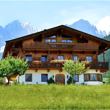 A traditional wooden house with balconies and blooming plants. In the background, majestic mountains and a green meadow are visible.