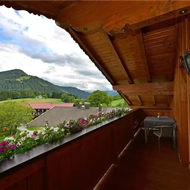 A cozy porch with wood paneling and floral arrangements. In the background, green hills and a rural landscape can be seen.