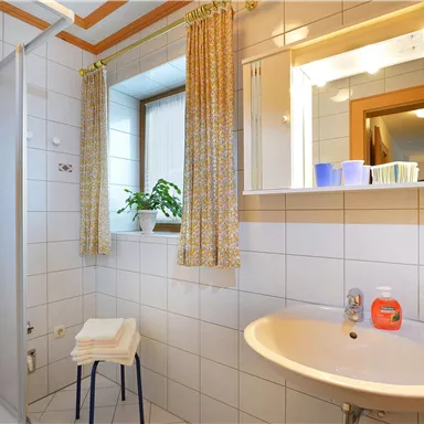 A modern bathroom with a shower cubicle and a sink. It has bright tiles and a small plant on the window.
