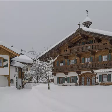 Ein traditionelles alpenländisches Haus und ein Nebengebäude, beide mit einer dicken Schneeschicht bedeckt. Der Himmel ist grau und die Landschaft wirkt ruhig und friedlich.