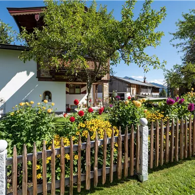 Ein schöner Garten mit bunten Blumen und einem weißen Zaun. Im Hintergrund ist ein traditionelles Haus in einer sonnigen Umgebung zu sehen.